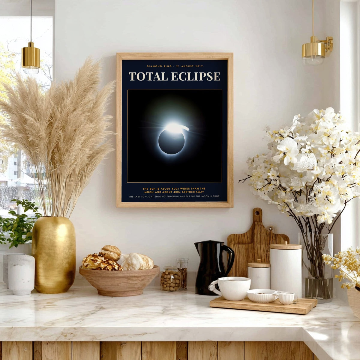 Poster featuring a solar total eclipse with diamond ring effect and informative text