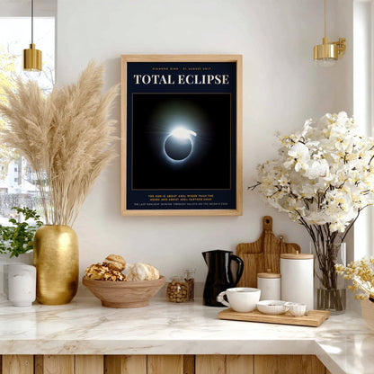Poster featuring a solar total eclipse with diamond ring effect and informative text