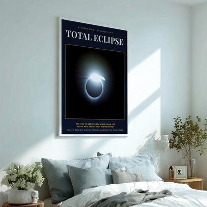 Poster featuring a solar total eclipse with diamond ring effect and informative text