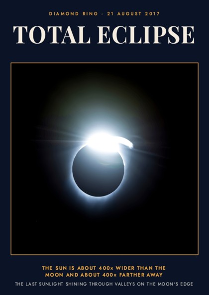 Poster featuring a solar total eclipse with diamond ring effect and informative text