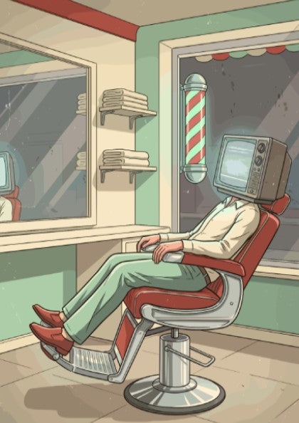 Poster of a person with a television head sitting in a barber chair
