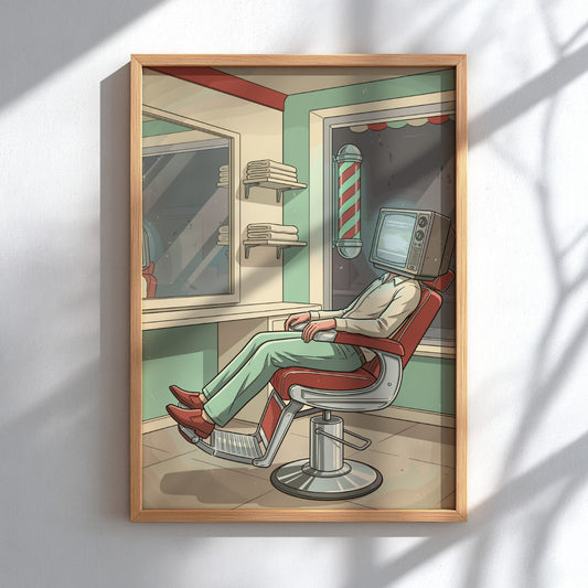 Poster of a person with a television head sitting in a barber chair