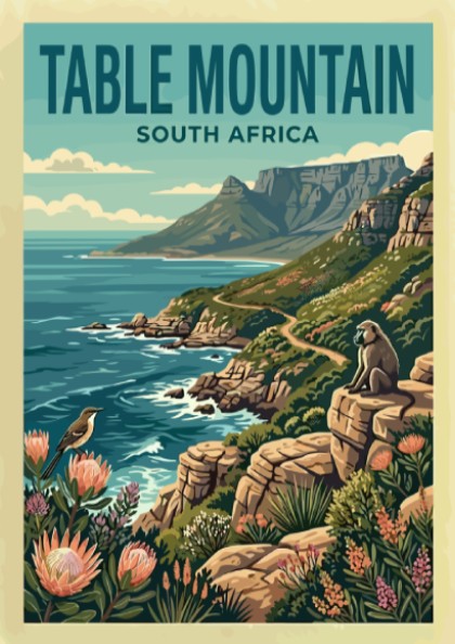 Table Mountain poster featuring vibrant colors, scenic landscape, and nature elements for wall decor