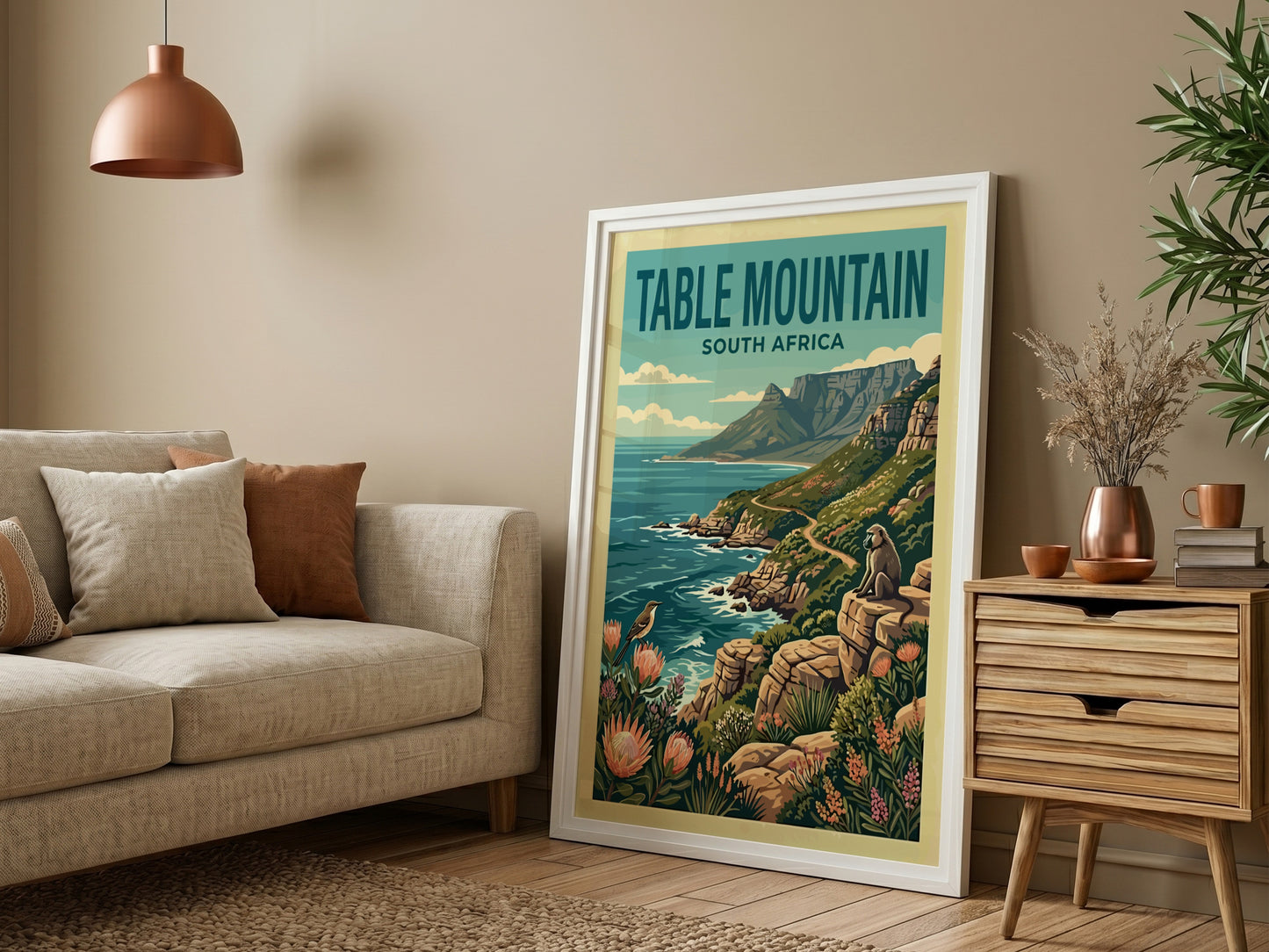 Table Mountain poster featuring vibrant colors, scenic landscape, and nature elements for wall decor