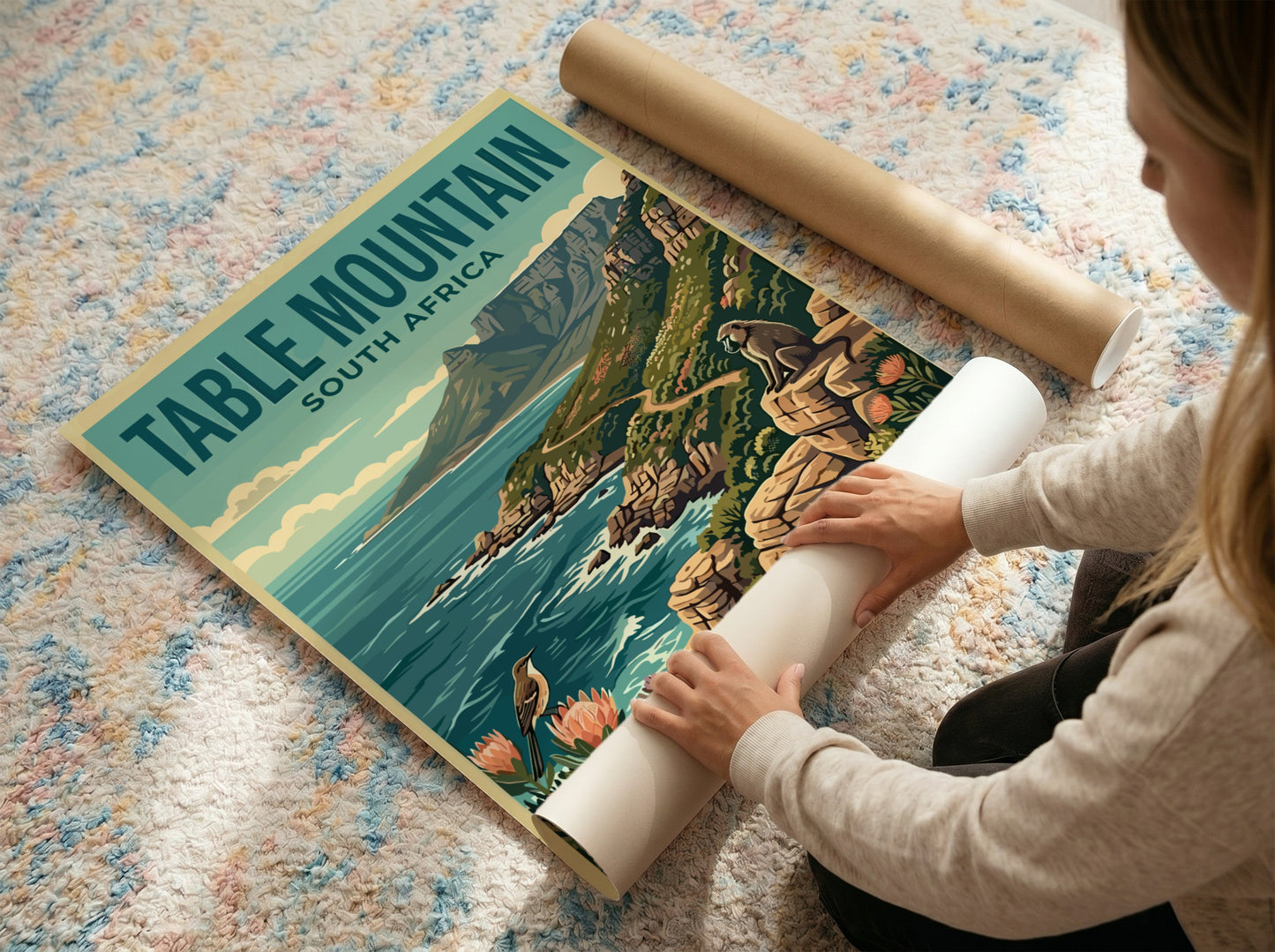 Table Mountain poster featuring vibrant colors, scenic landscape, and nature elements for wall decor