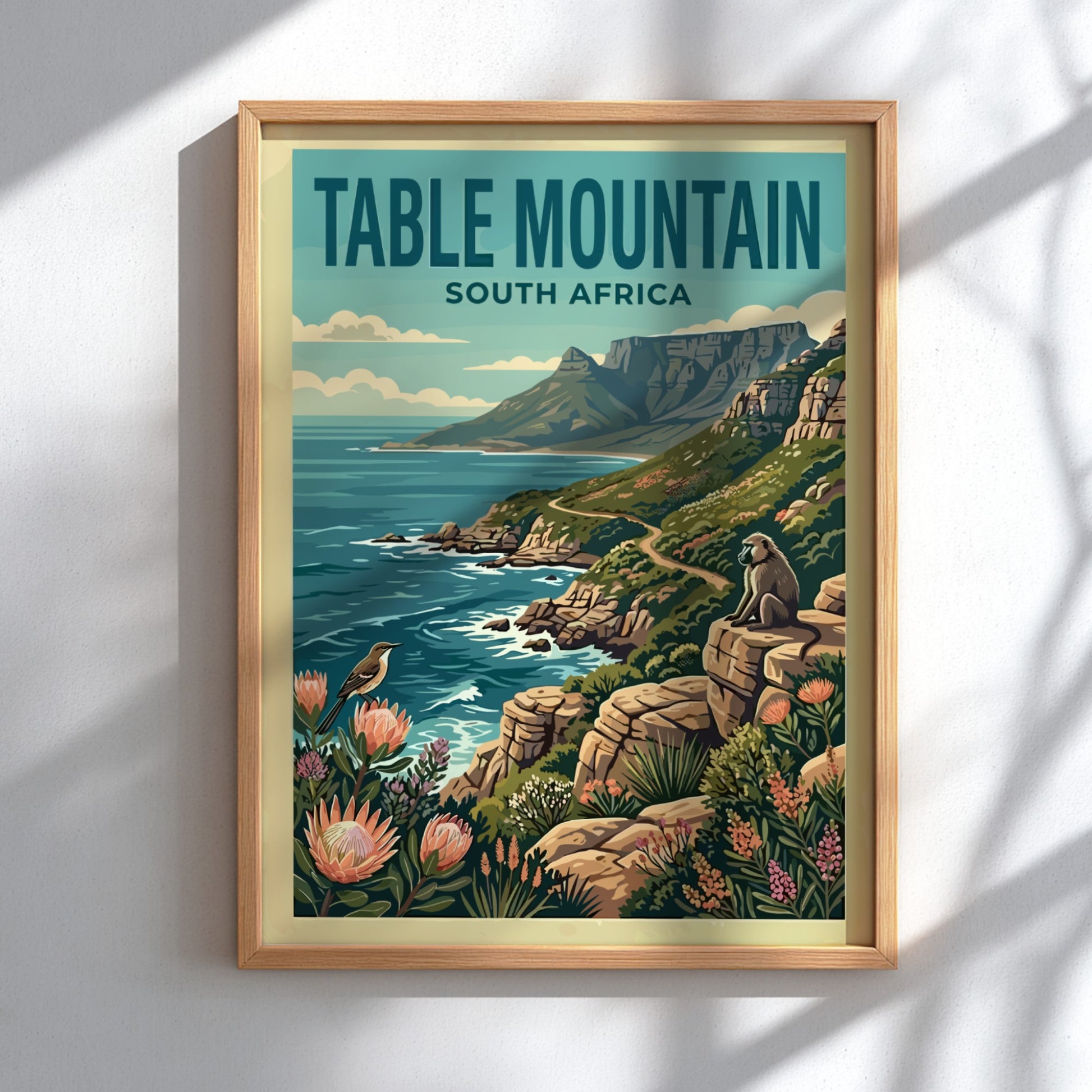 Table Mountain poster featuring vibrant colors, scenic landscape, and nature elements for wall decor