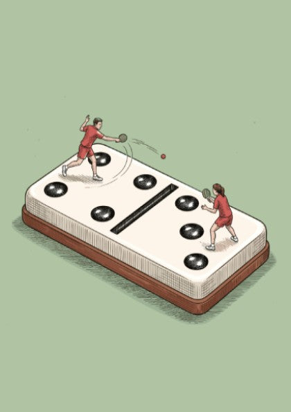 Poster showing two people playing table tennis on top of a large domino