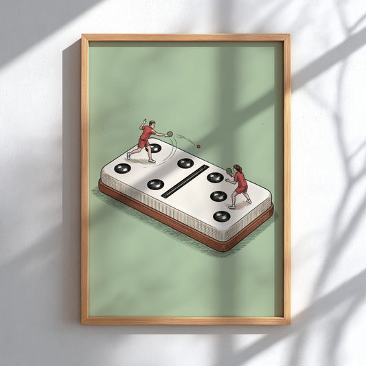 Poster showing two people playing table tennis on top of a large domino