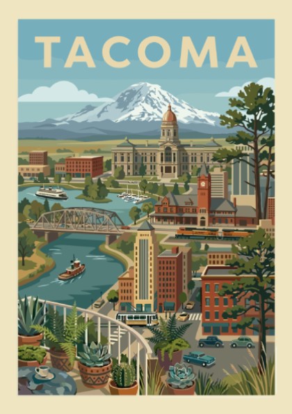 Tacoma cityscape illustration with Mount Rainier, featuring retro style and warm colors. Art print.