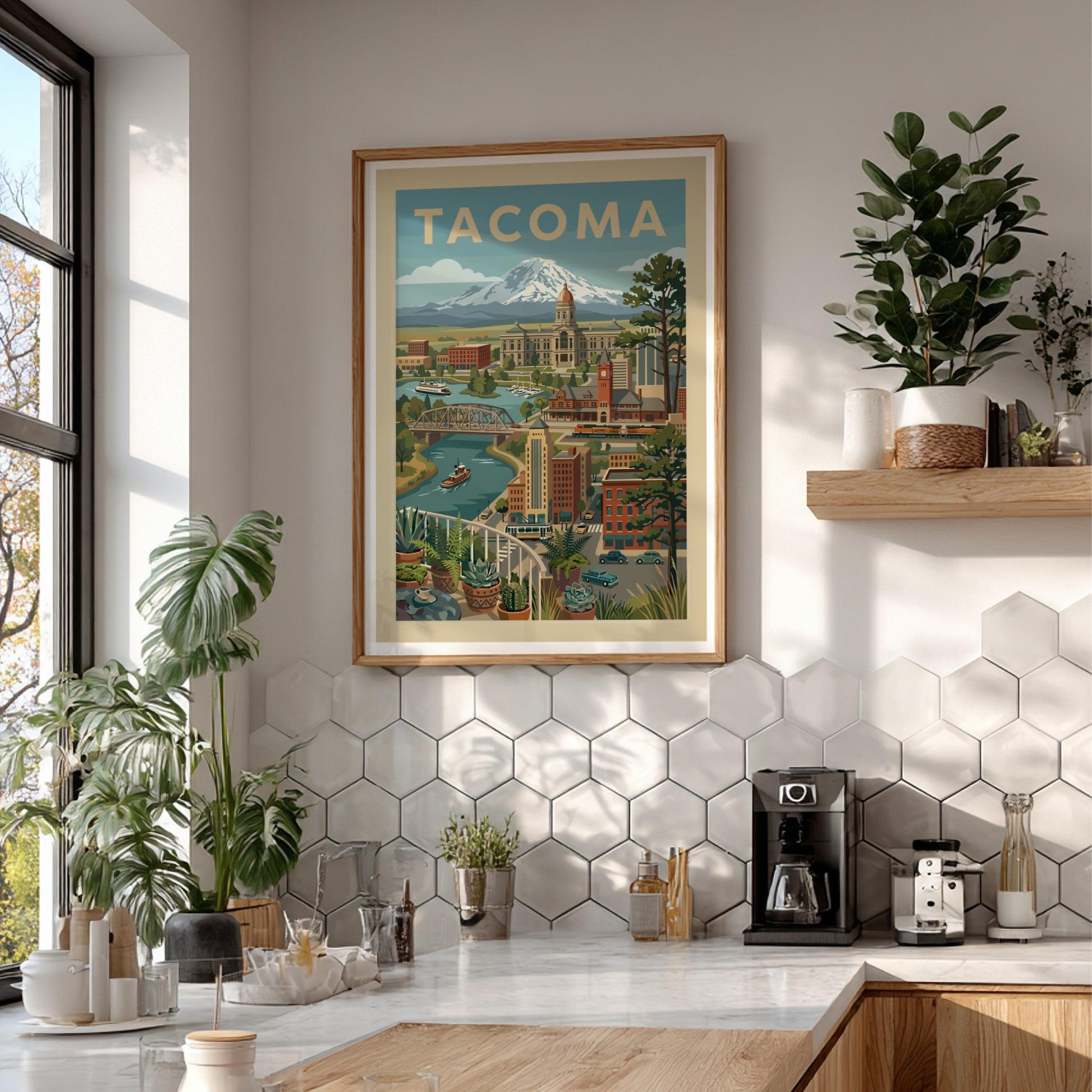 Tacoma cityscape illustration with Mount Rainier, featuring retro style and warm colors. Art print.