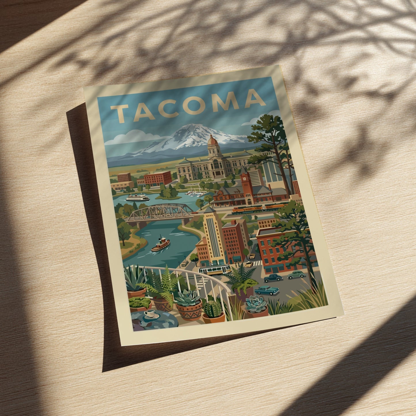 Tacoma cityscape illustration with Mount Rainier, featuring retro style and warm colors. Art print.
