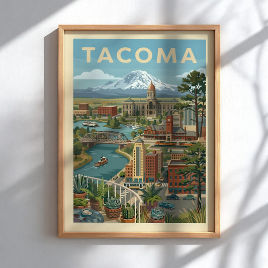 Tacoma cityscape illustration with Mount Rainier, featuring retro style and warm colors. Art print.