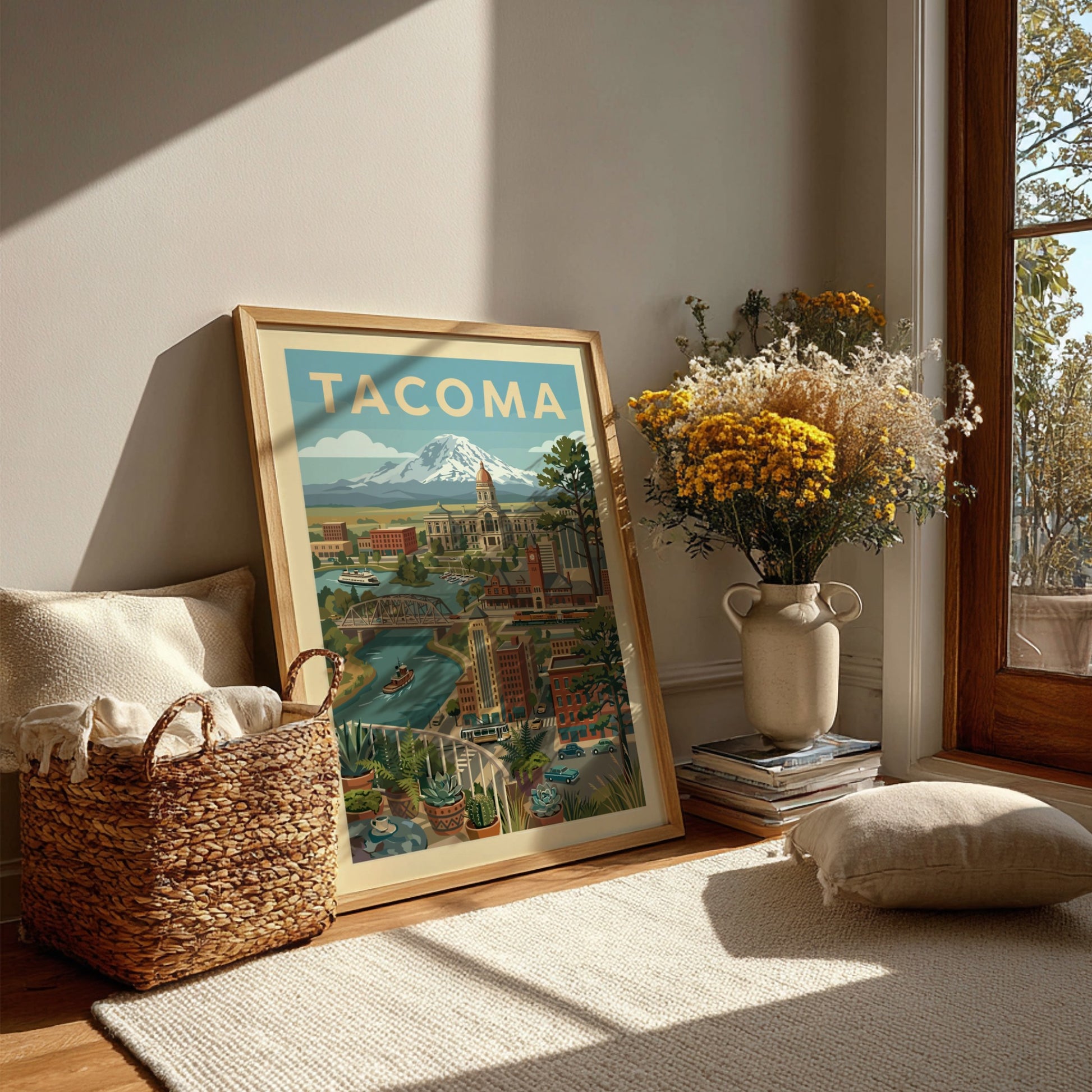 Tacoma cityscape illustration with Mount Rainier, featuring retro style and warm colors. Art print.