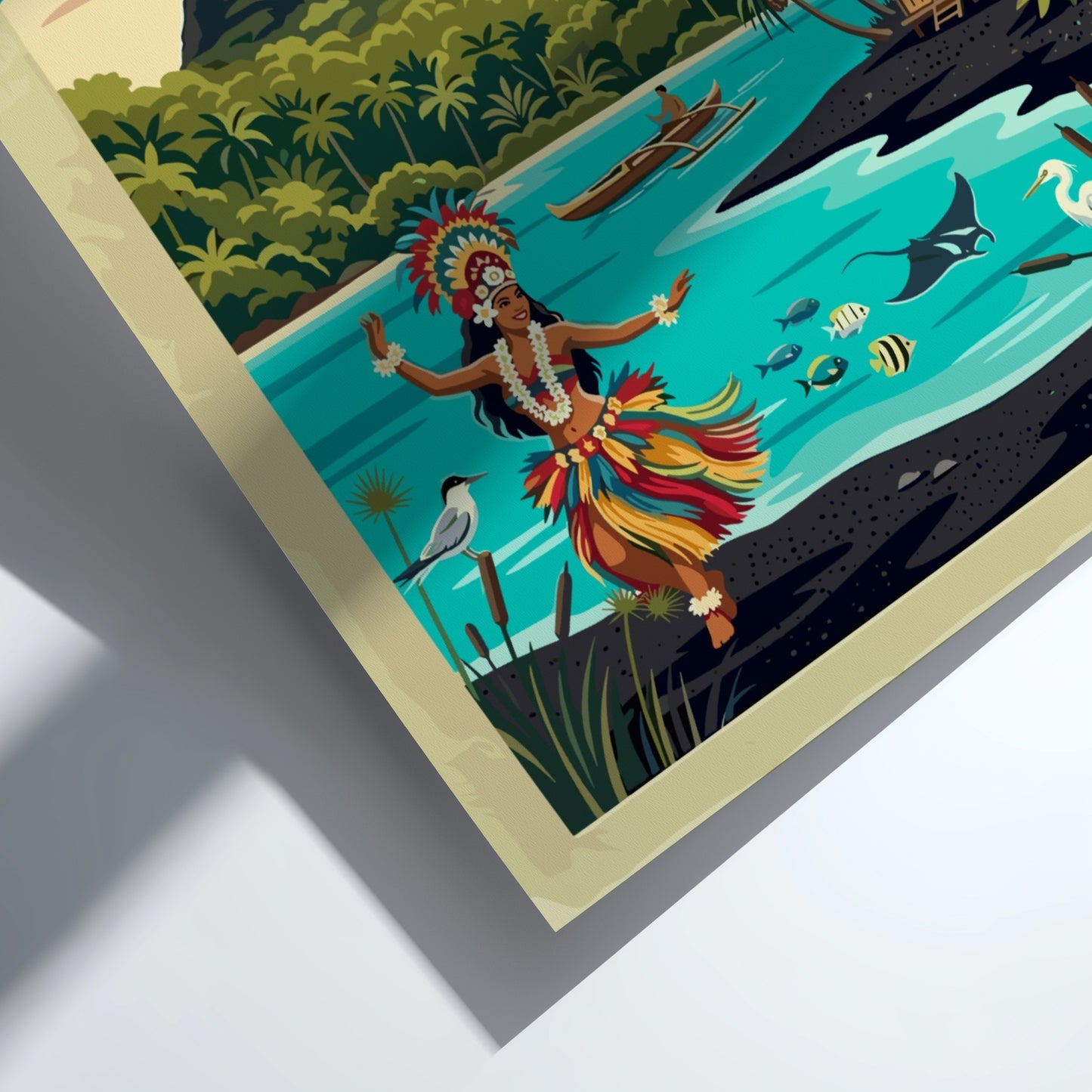 Travel poster featuring a Tahitian dancer, tropical volcanic mountain, and turquoise ocean waters.