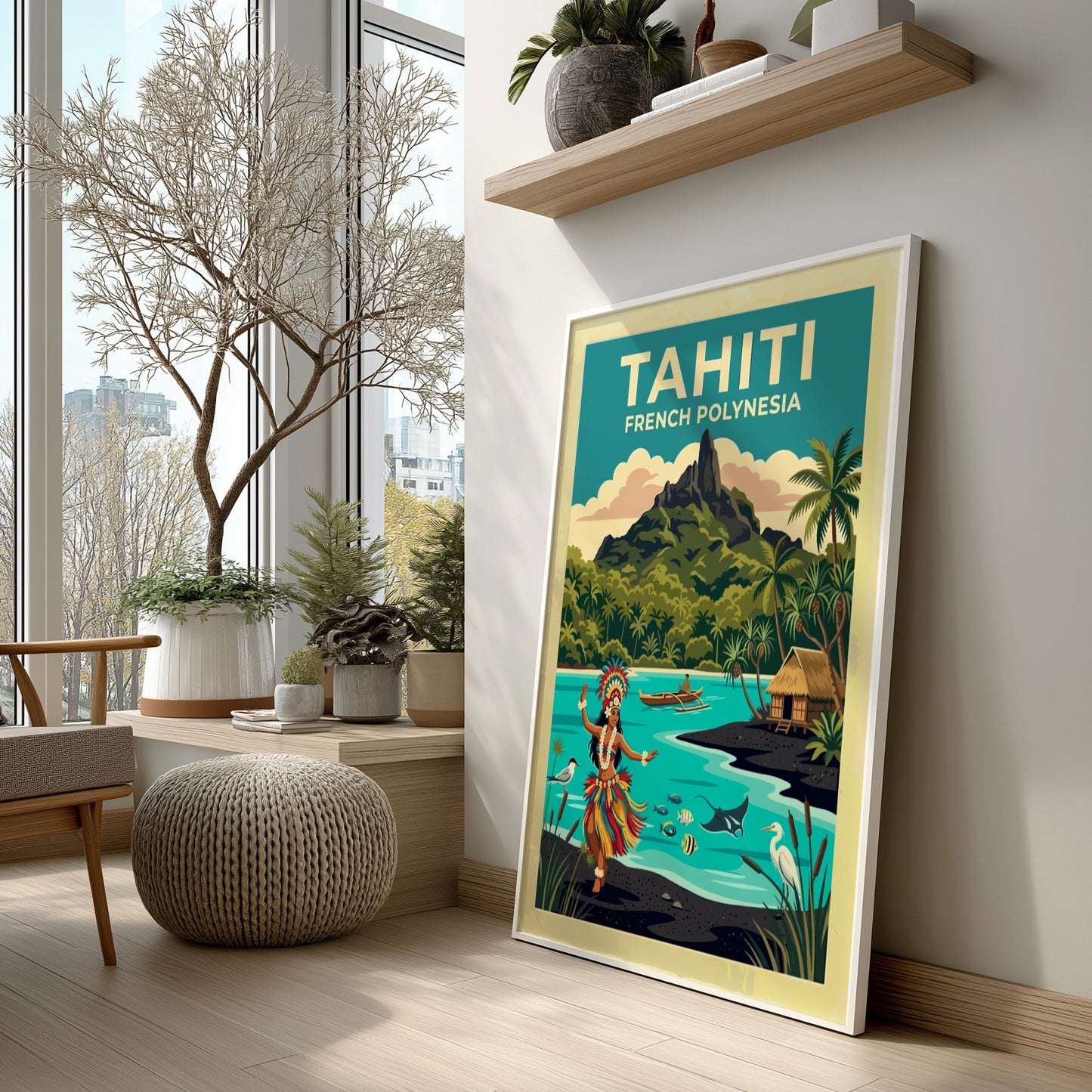 Travel poster featuring a Tahitian dancer, tropical volcanic mountain, and turquoise ocean waters.