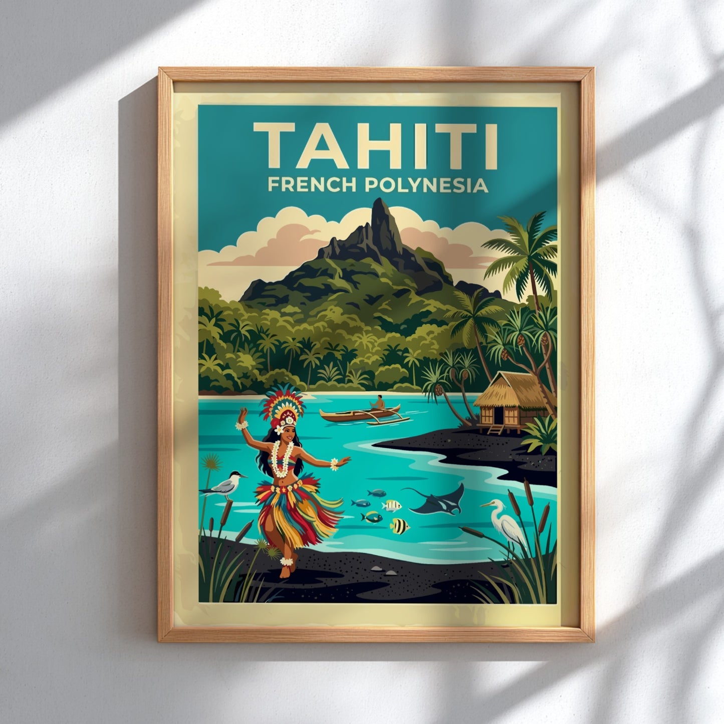 Travel poster featuring a Tahitian dancer, tropical volcanic mountain, and turquoise ocean waters.