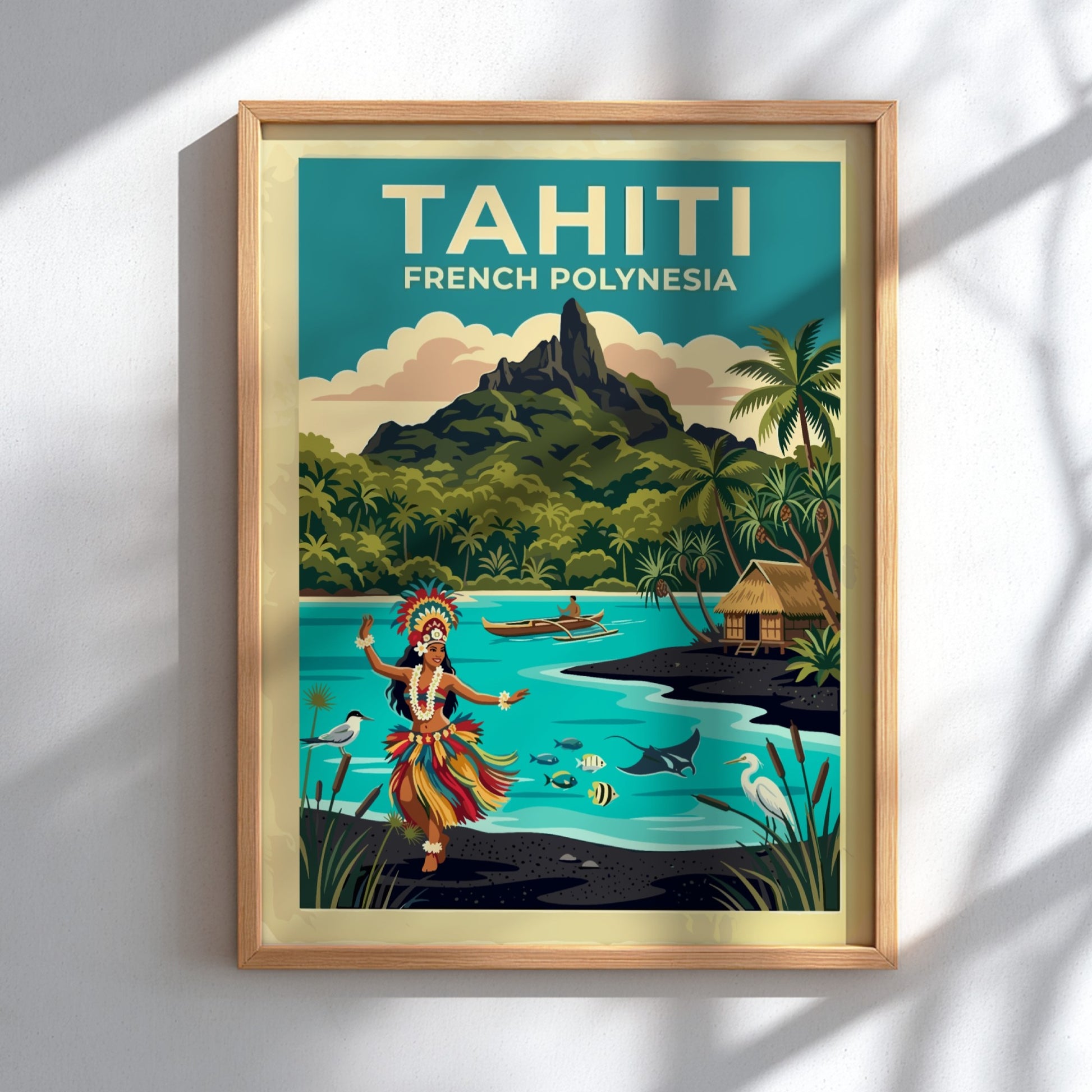 Travel poster featuring a Tahitian dancer, tropical volcanic mountain, and turquoise ocean waters.