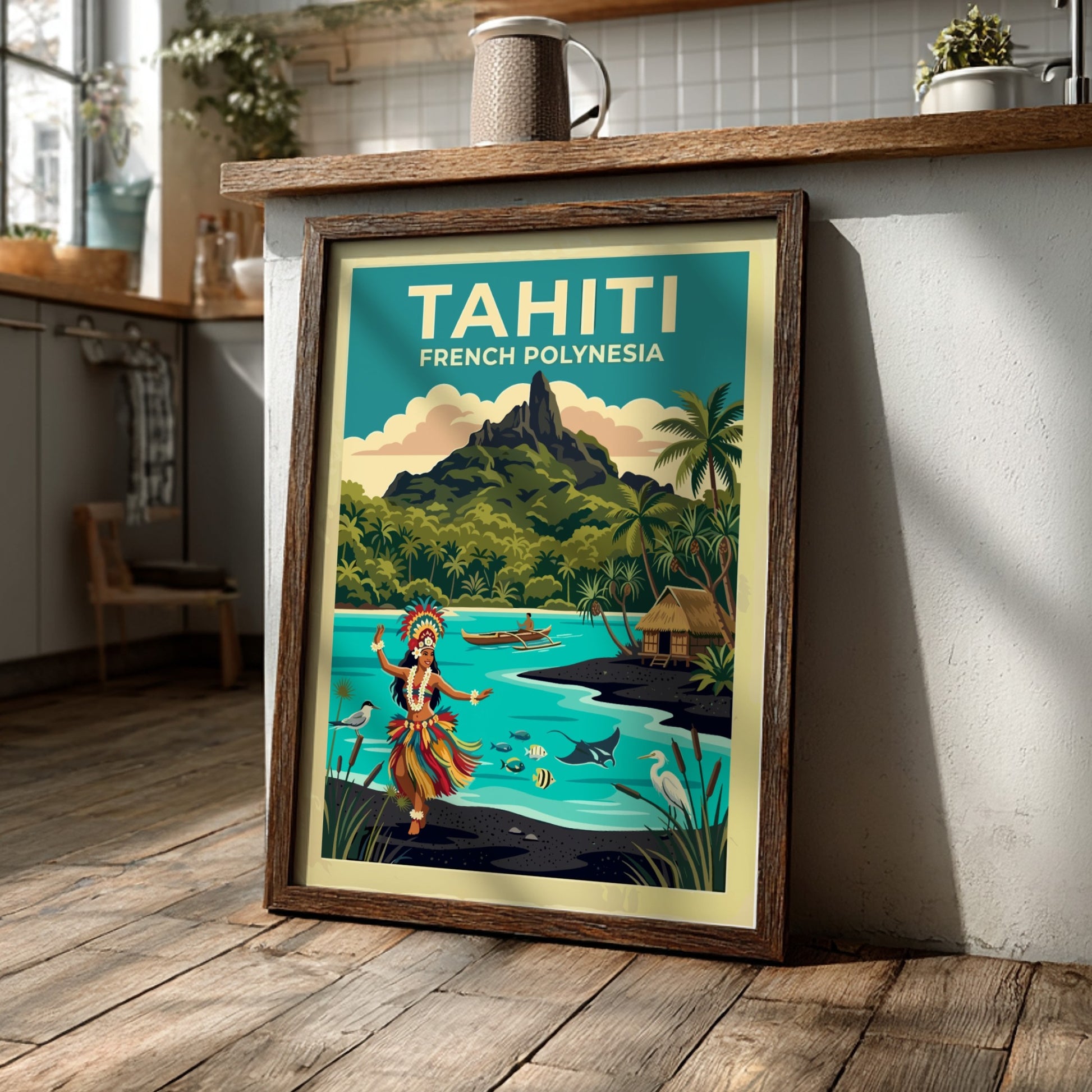 Travel poster featuring a Tahitian dancer, tropical volcanic mountain, and turquoise ocean waters.