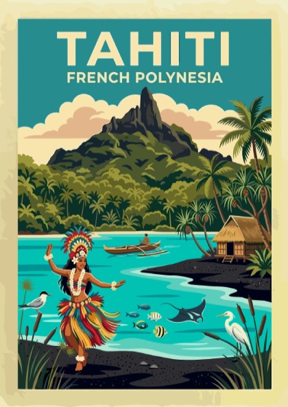 Travel poster featuring a Tahitian dancer, tropical volcanic mountain, and turquoise ocean waters.