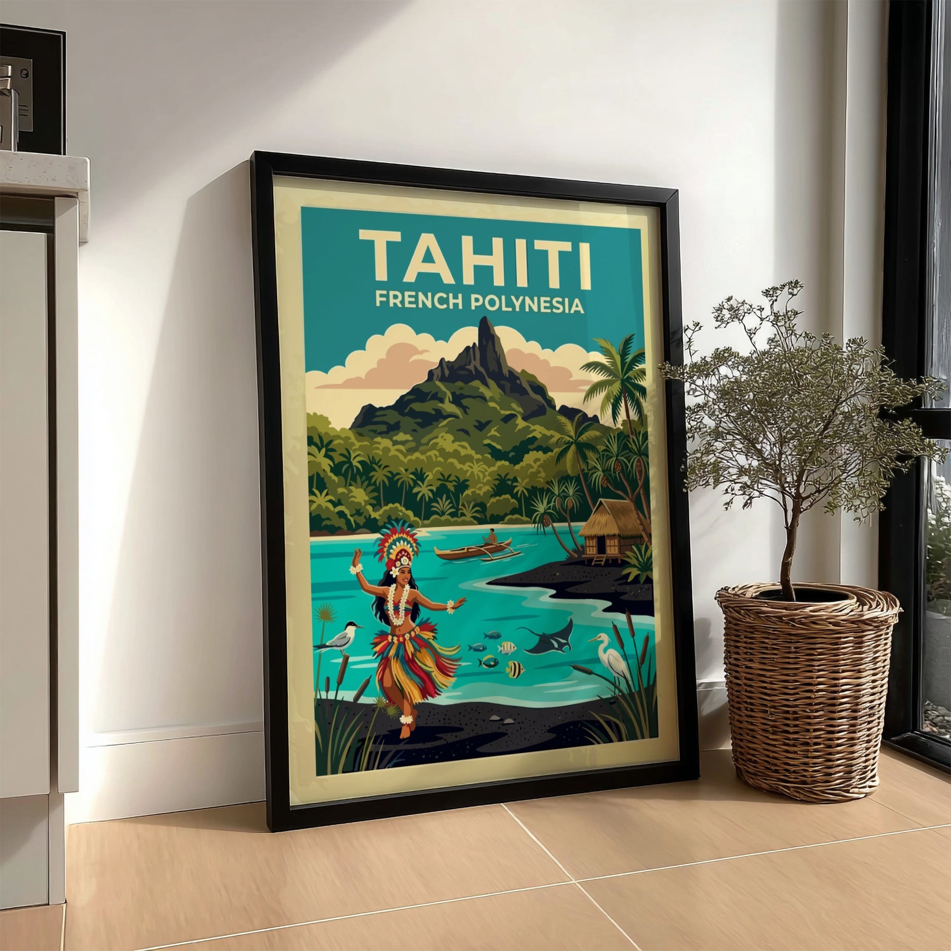 Travel poster featuring a Tahitian dancer, tropical volcanic mountain, and turquoise ocean waters.