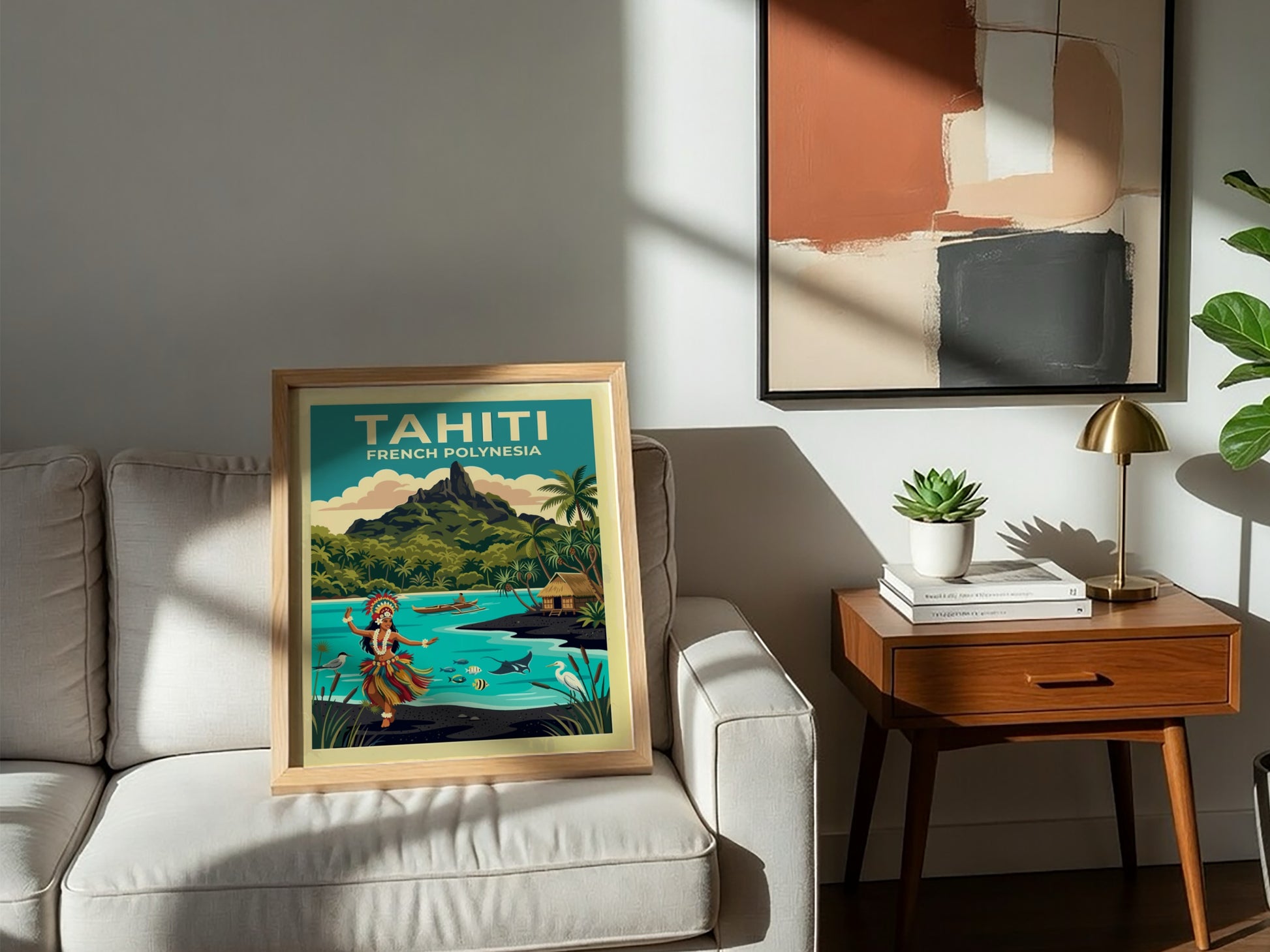 Travel poster featuring a Tahitian dancer, tropical volcanic mountain, and turquoise ocean waters.