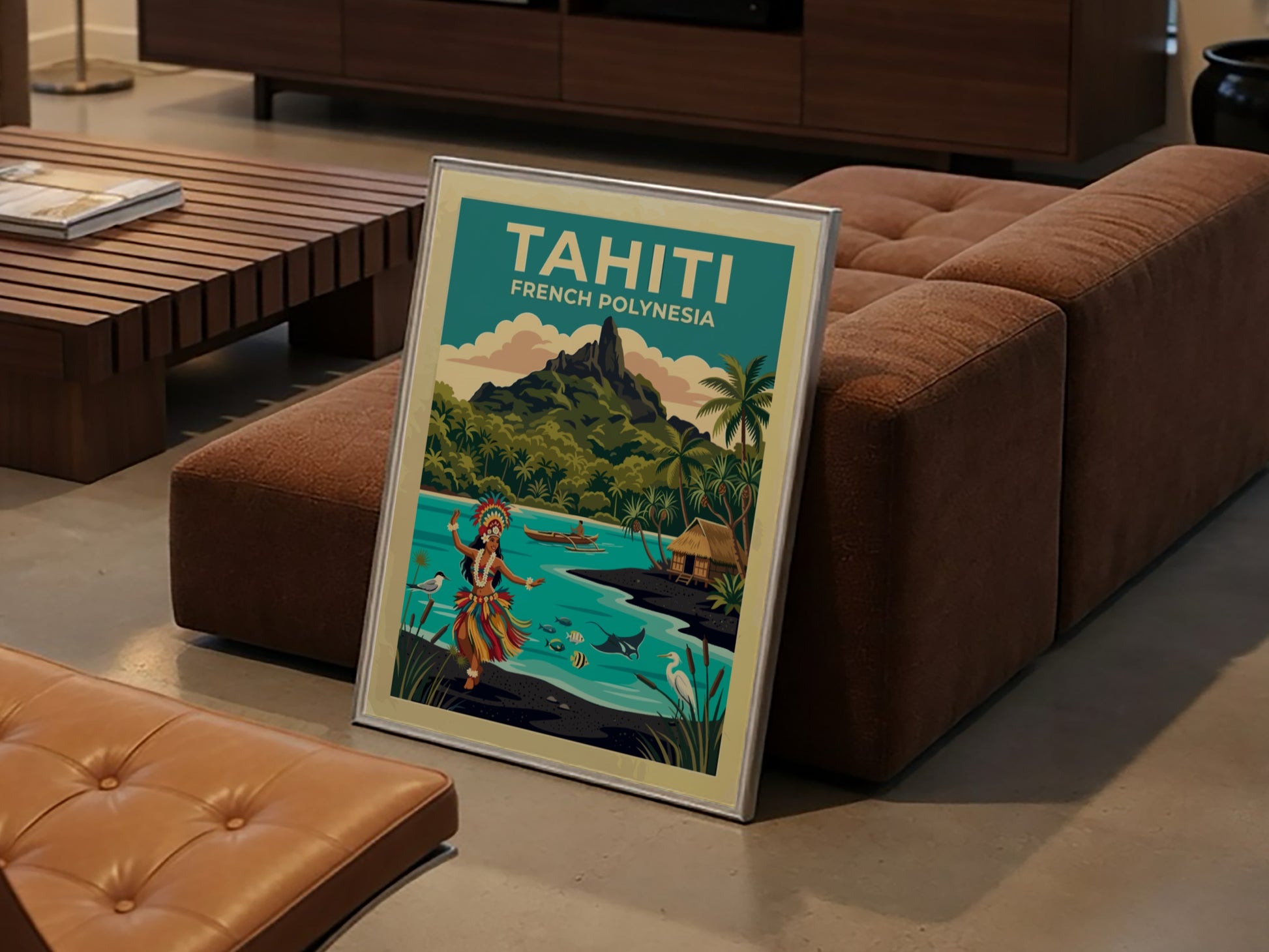 Travel poster featuring a Tahitian dancer, tropical volcanic mountain, and turquoise ocean waters.
