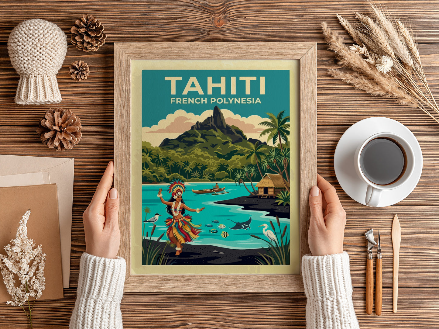 Travel poster featuring a Tahitian dancer, tropical volcanic mountain, and turquoise ocean waters.