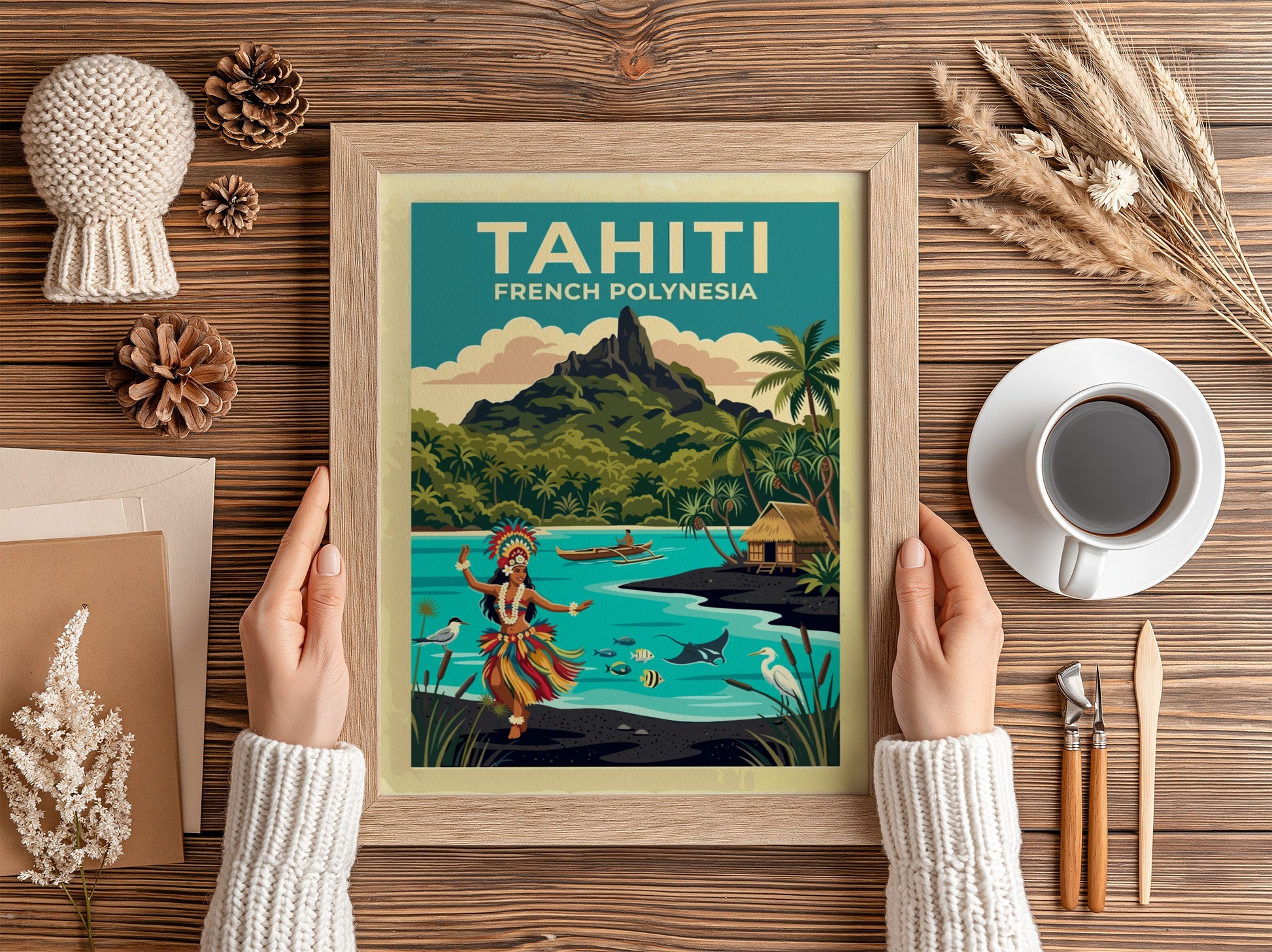 Travel poster featuring a Tahitian dancer, tropical volcanic mountain, and turquoise ocean waters.
