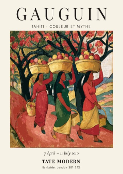 Gauguin exhibition poster featuring vibrant colors and tropical scene from Tahiti