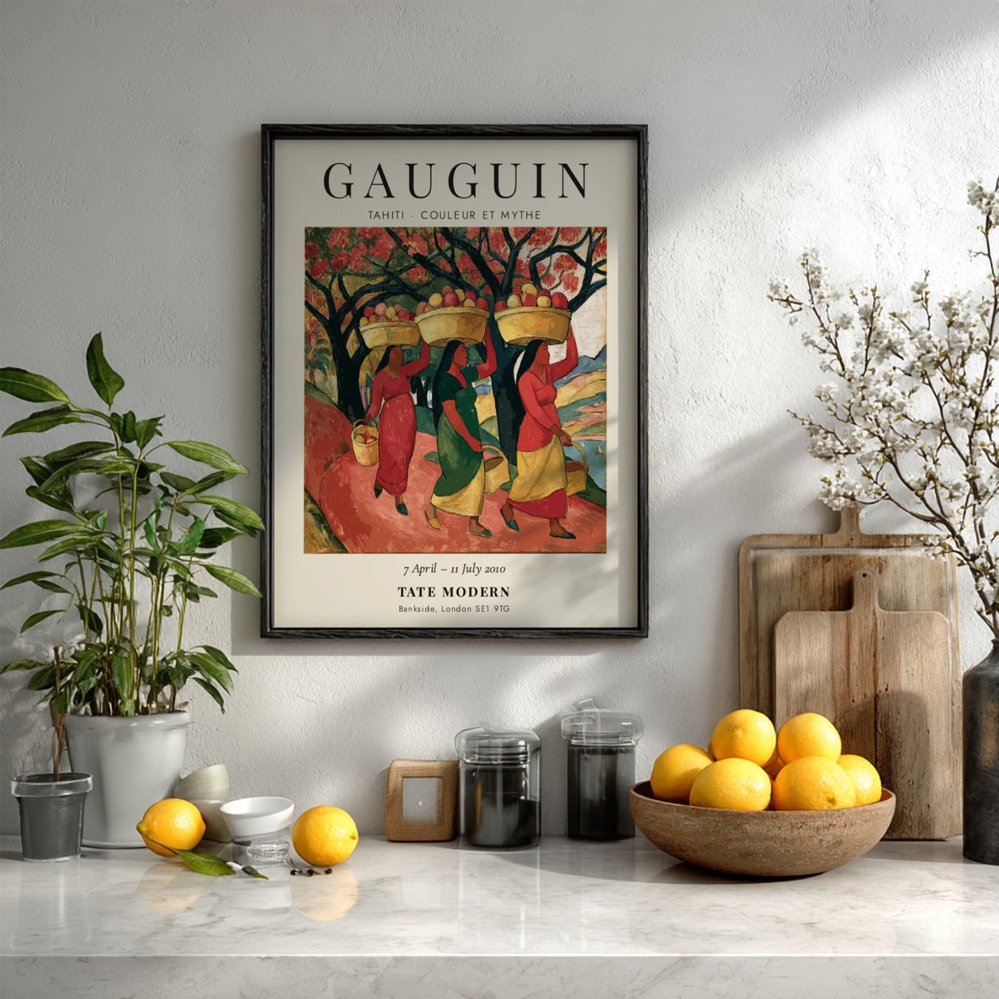 Gauguin exhibition poster featuring vibrant colors and tropical scene from Tahiti