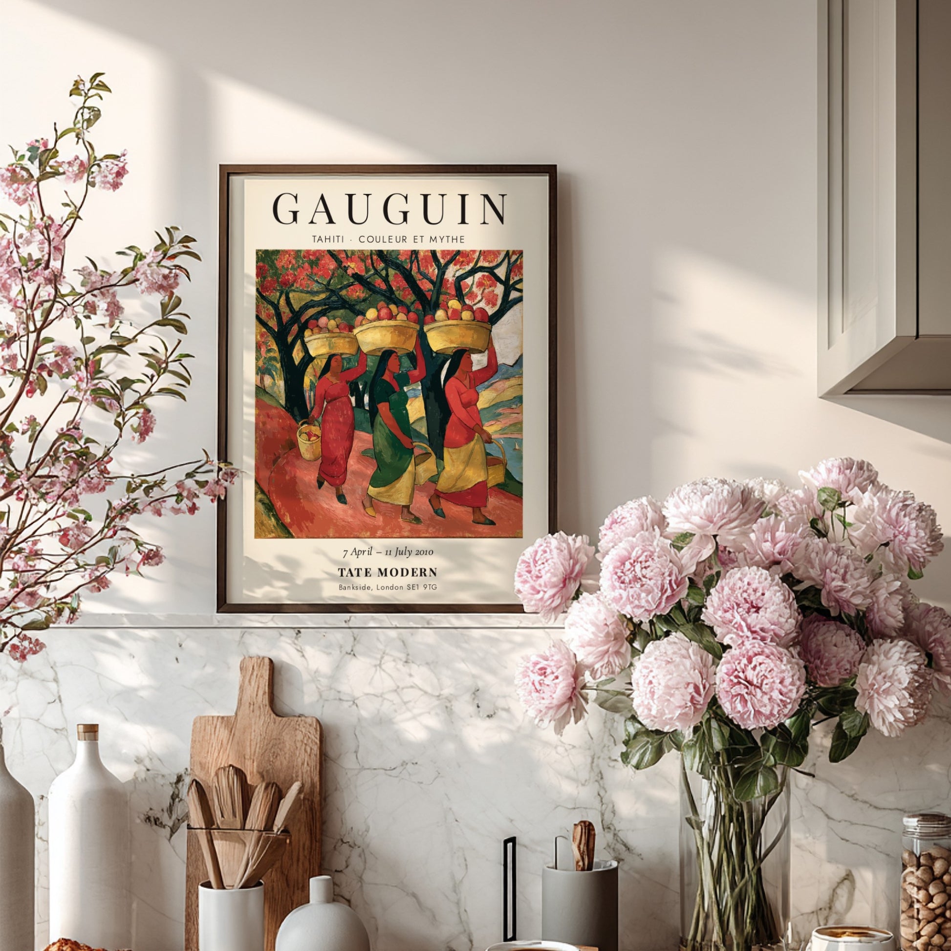 Gauguin exhibition poster featuring vibrant colors and tropical scene from Tahiti