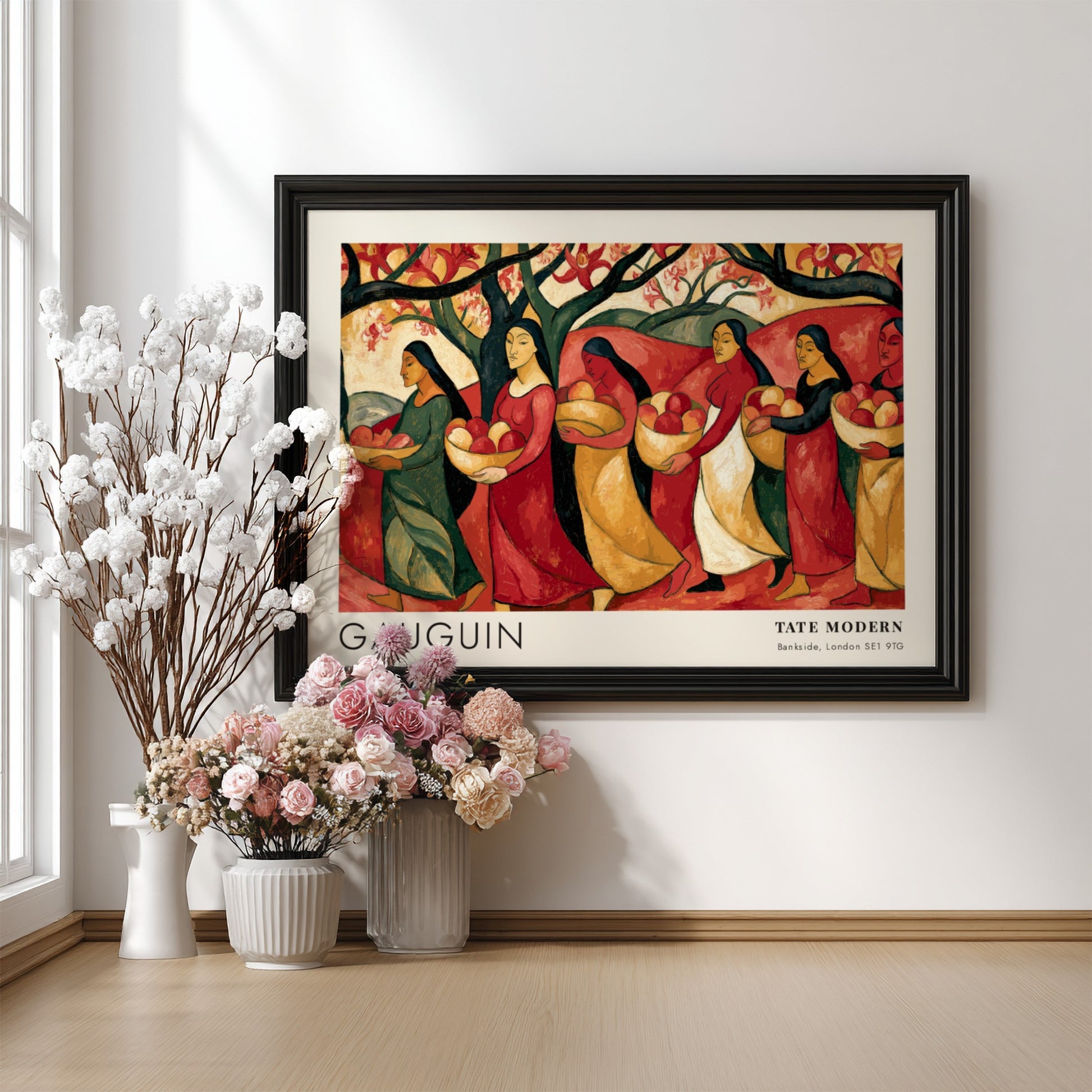 Wall art poster featuring Paul Gauguin Tahiti exhibition print with women carrying fruit