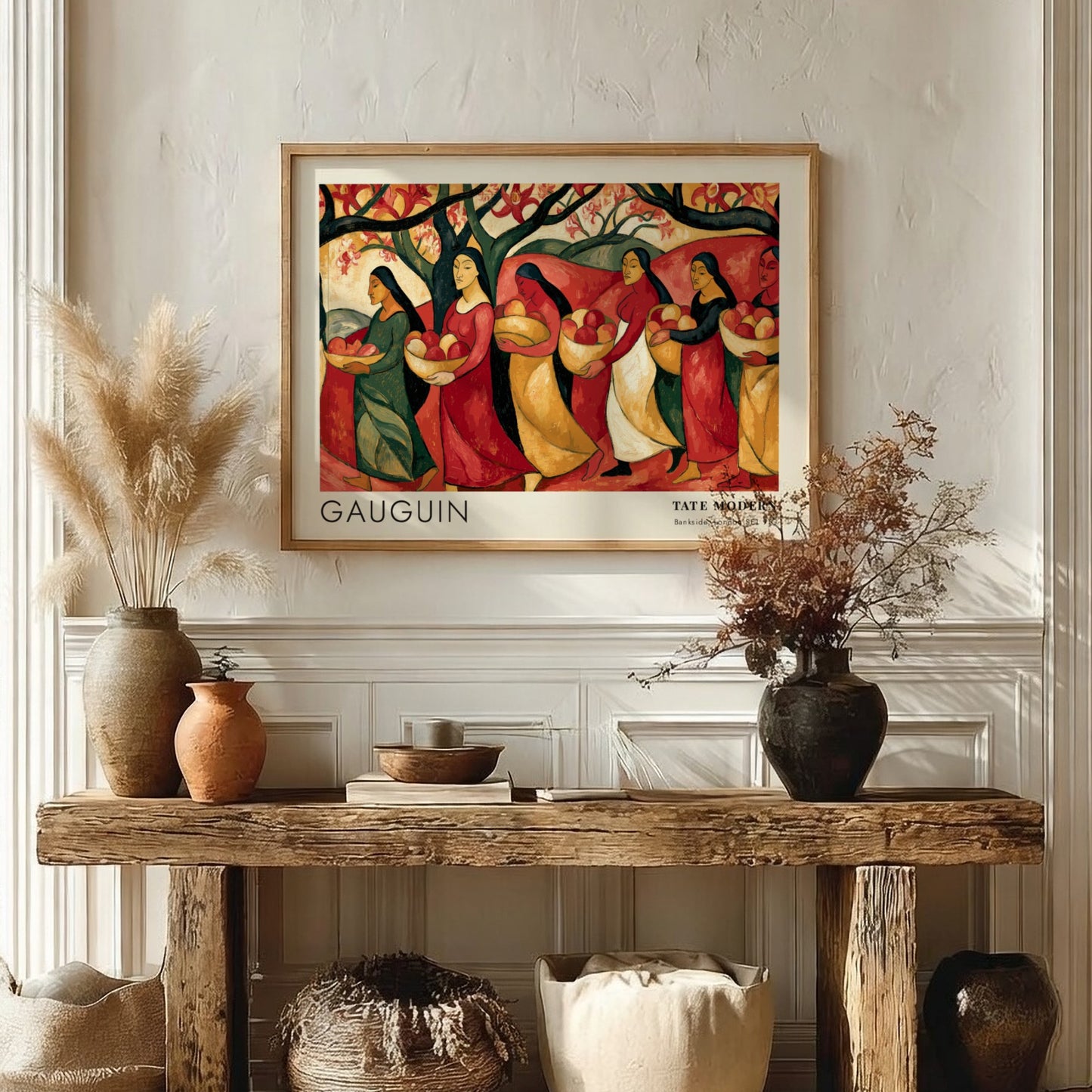 Wall art poster featuring Paul Gauguin Tahiti exhibition print with women carrying fruit