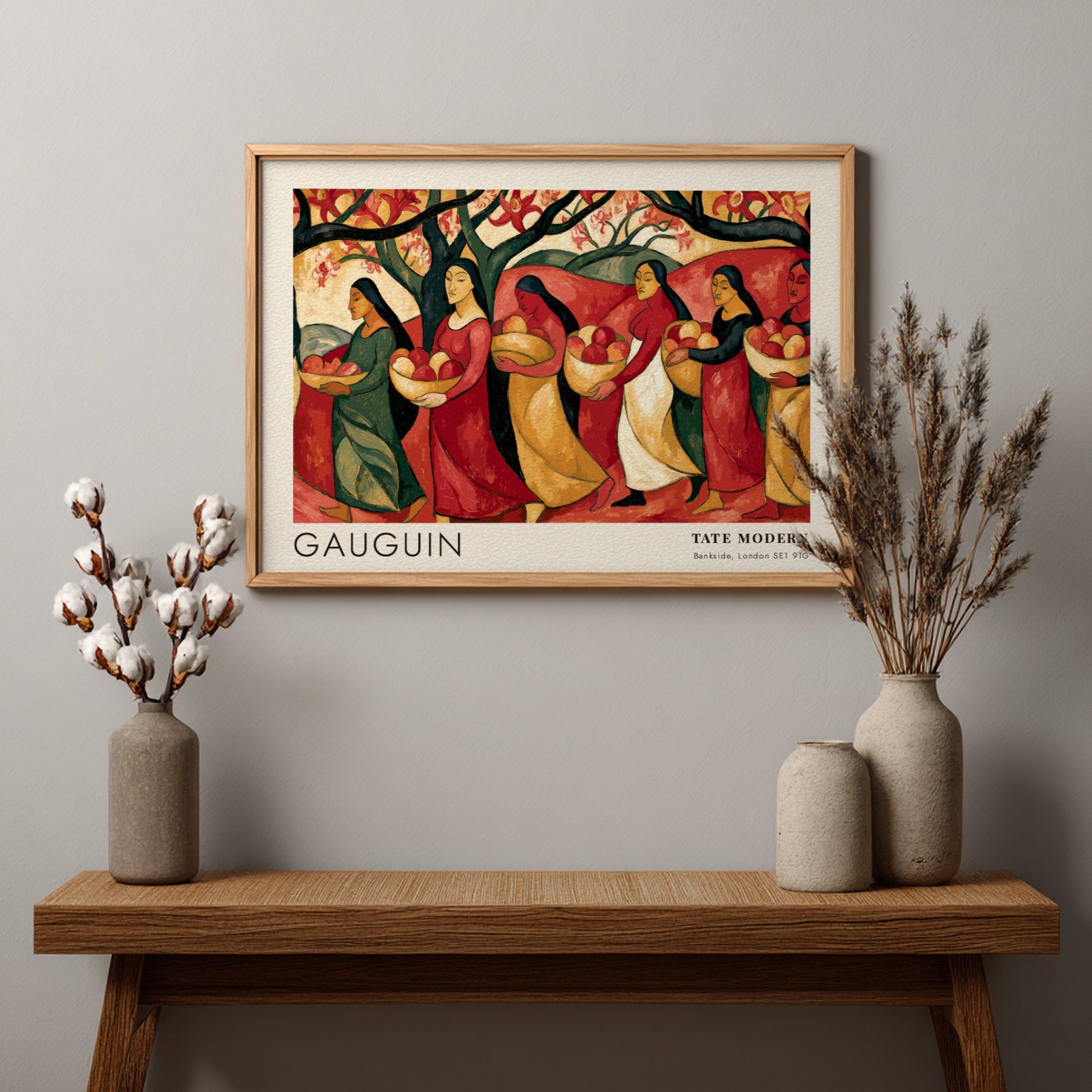 Wall art poster featuring Paul Gauguin Tahiti exhibition print with women carrying fruit