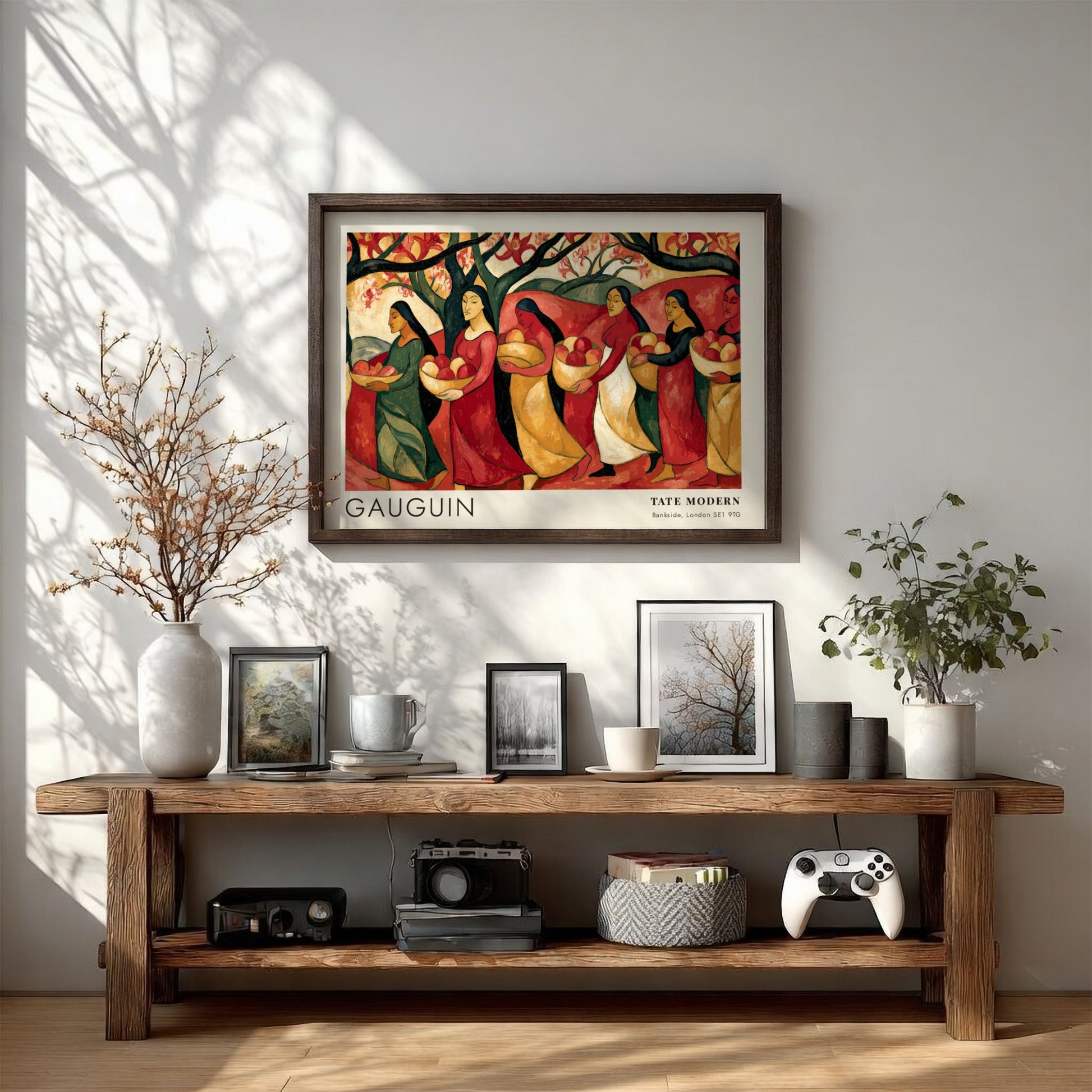 Wall art poster featuring Paul Gauguin Tahiti exhibition print with women carrying fruit