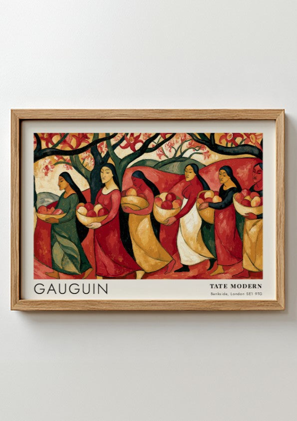 Wall art poster featuring Paul Gauguin Tahiti exhibition print with women carrying fruit