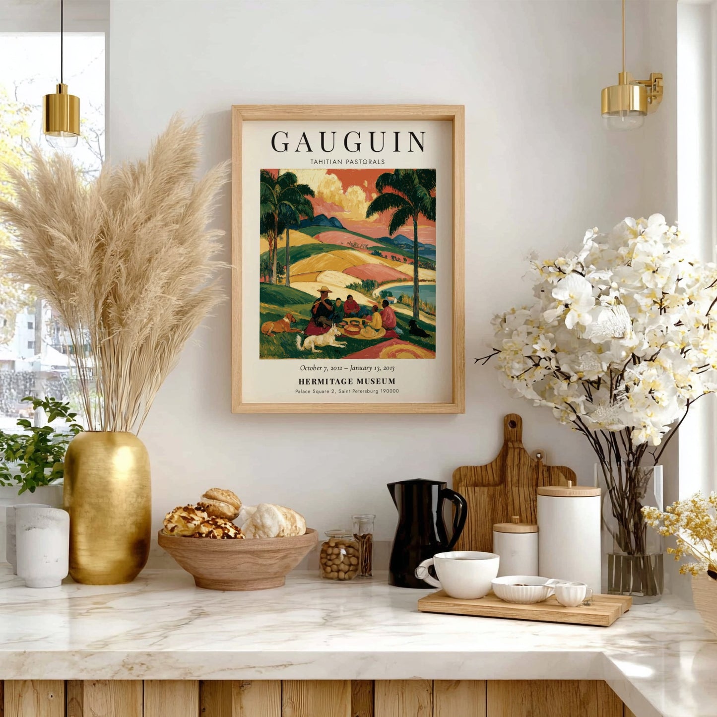 Gauguin exhibition poster featuring Tahitian Pastorals with vibrant colors and serene landscapes