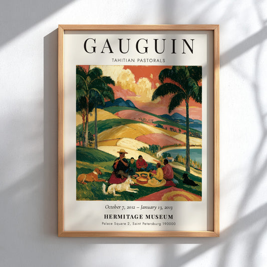 Gauguin exhibition poster featuring Tahitian Pastorals with vibrant colors and serene landscapes