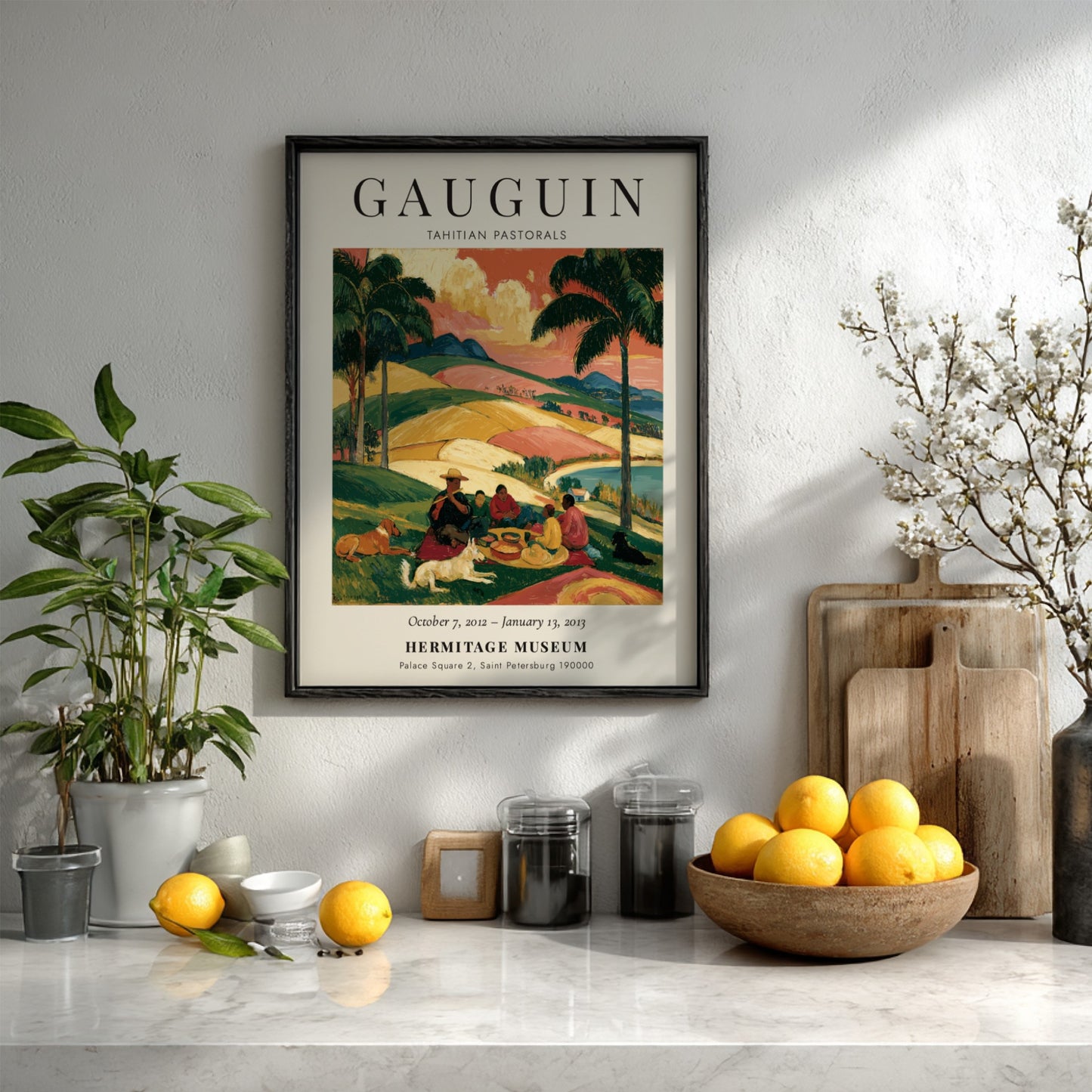 Gauguin exhibition poster featuring Tahitian Pastorals with vibrant colors and serene landscapes