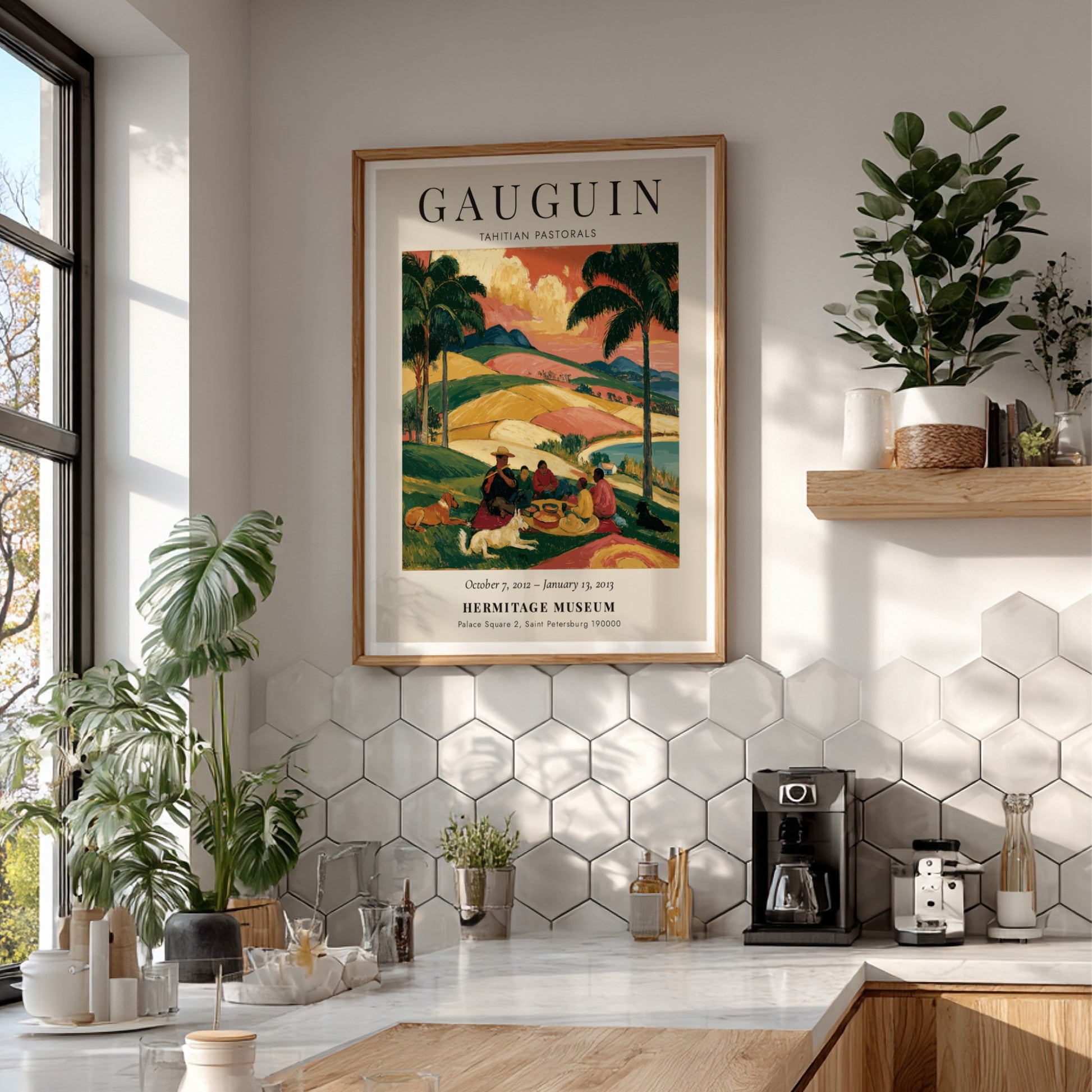 Gauguin exhibition poster featuring Tahitian Pastorals with vibrant colors and serene landscapes