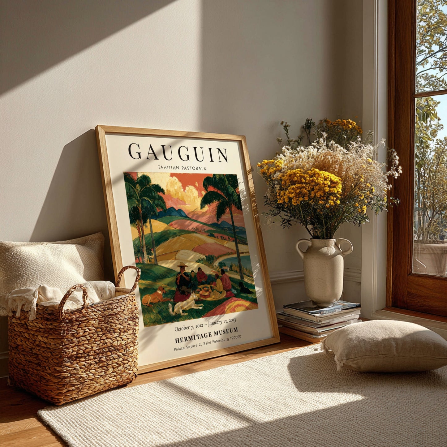 Gauguin exhibition poster featuring Tahitian Pastorals with vibrant colors and serene landscapes