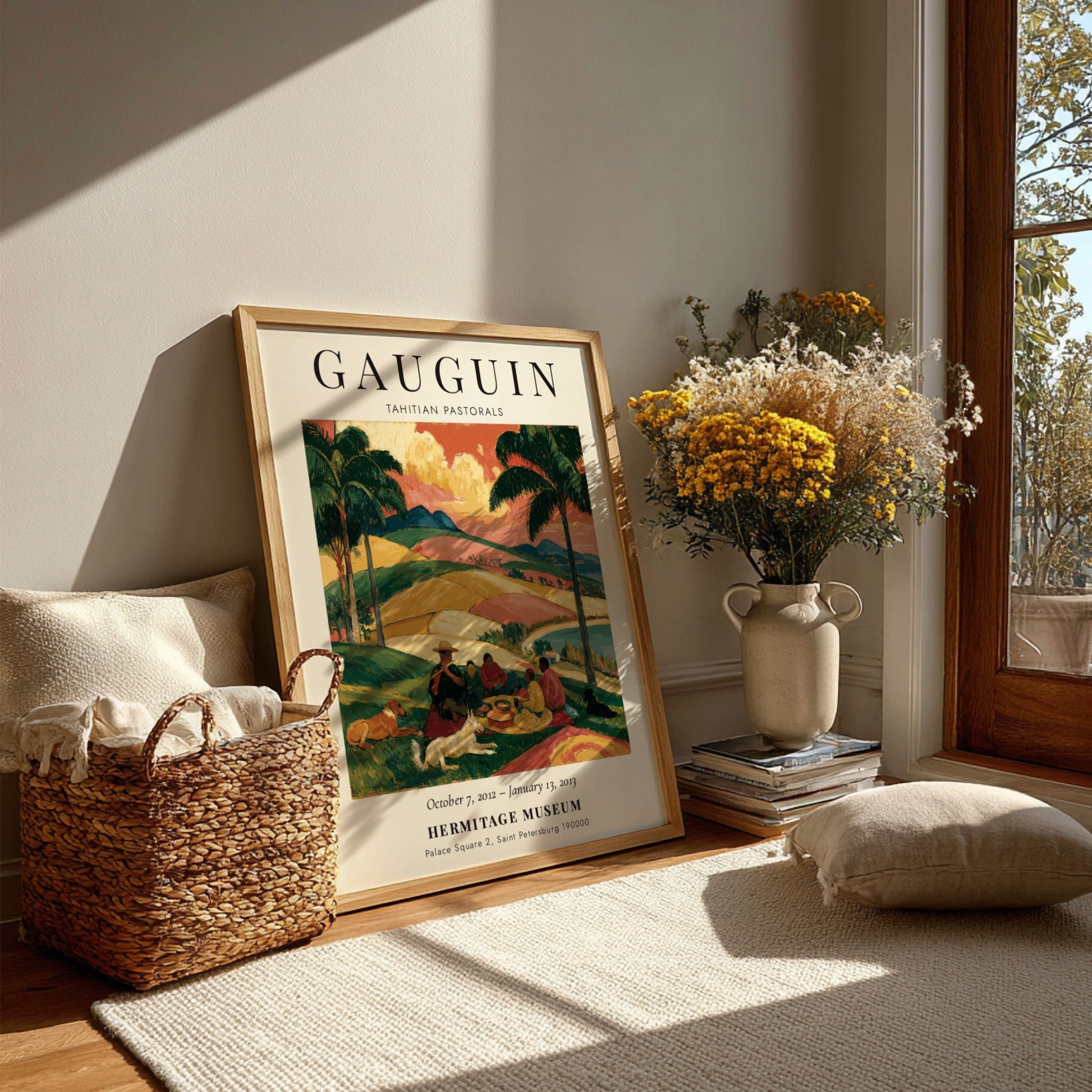 Gauguin exhibition poster featuring Tahitian Pastorals with vibrant colors and serene landscapes
