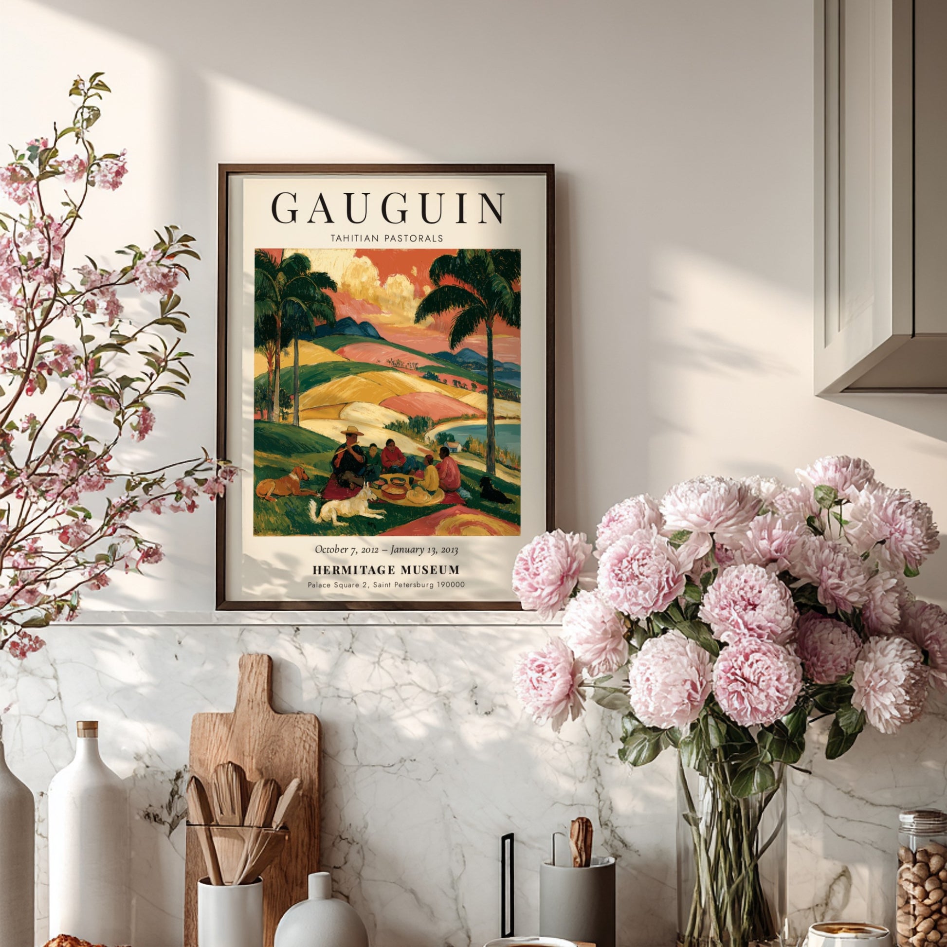 Gauguin exhibition poster featuring Tahitian Pastorals with vibrant colors and serene landscapes