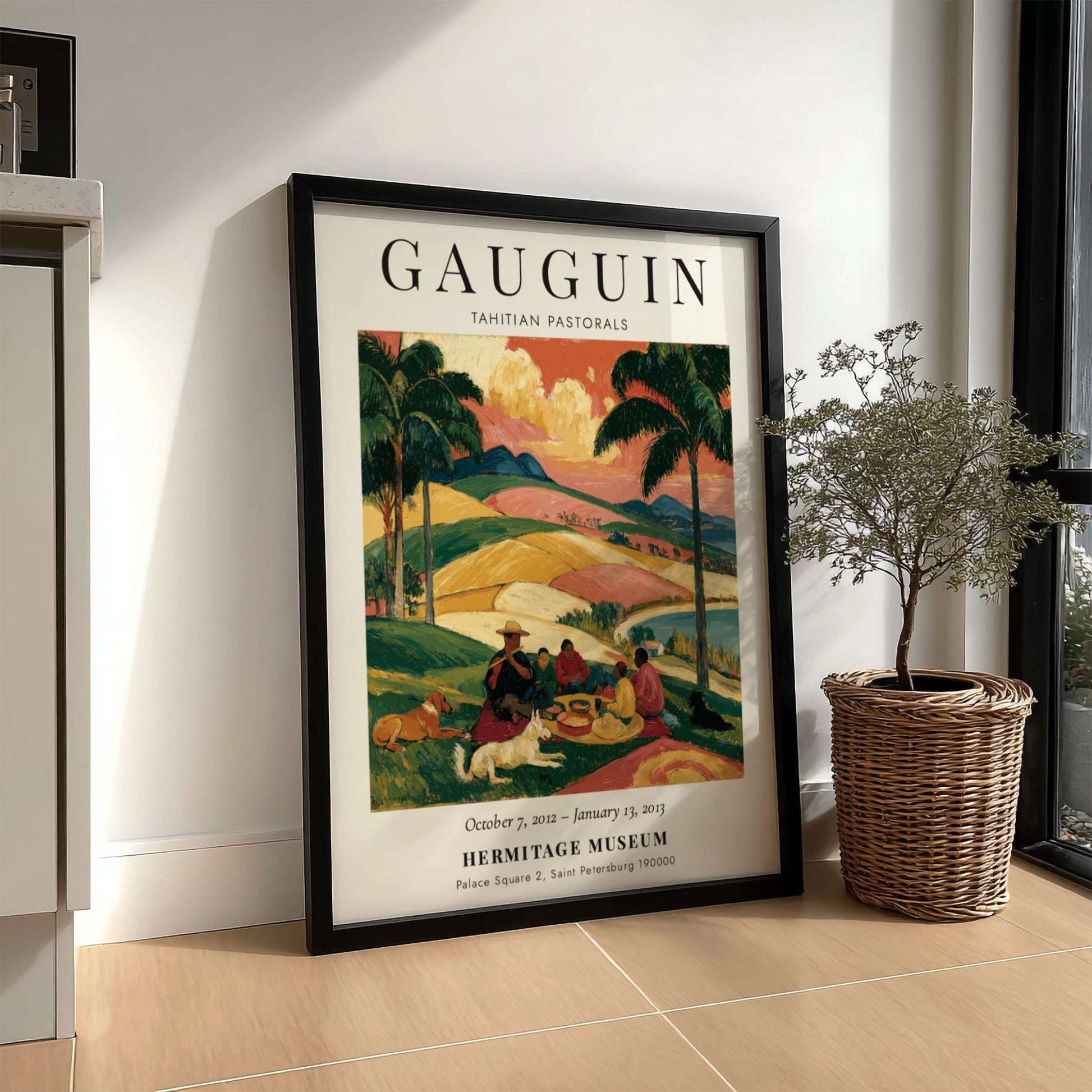 Gauguin exhibition poster featuring Tahitian Pastorals with vibrant colors and serene landscapes
