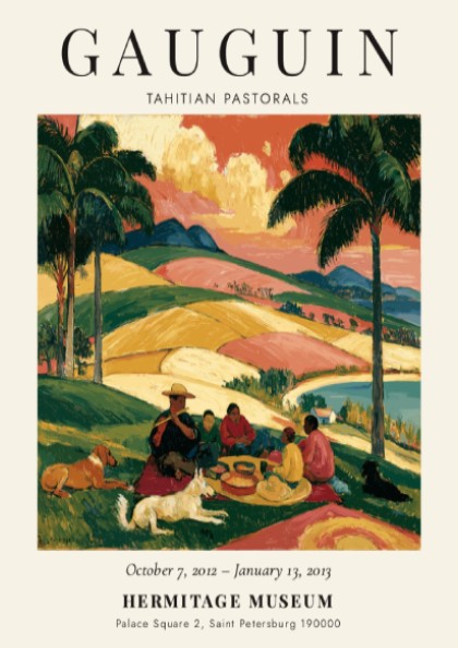 Gauguin exhibition poster featuring Tahitian Pastorals with vibrant colors and serene landscapes