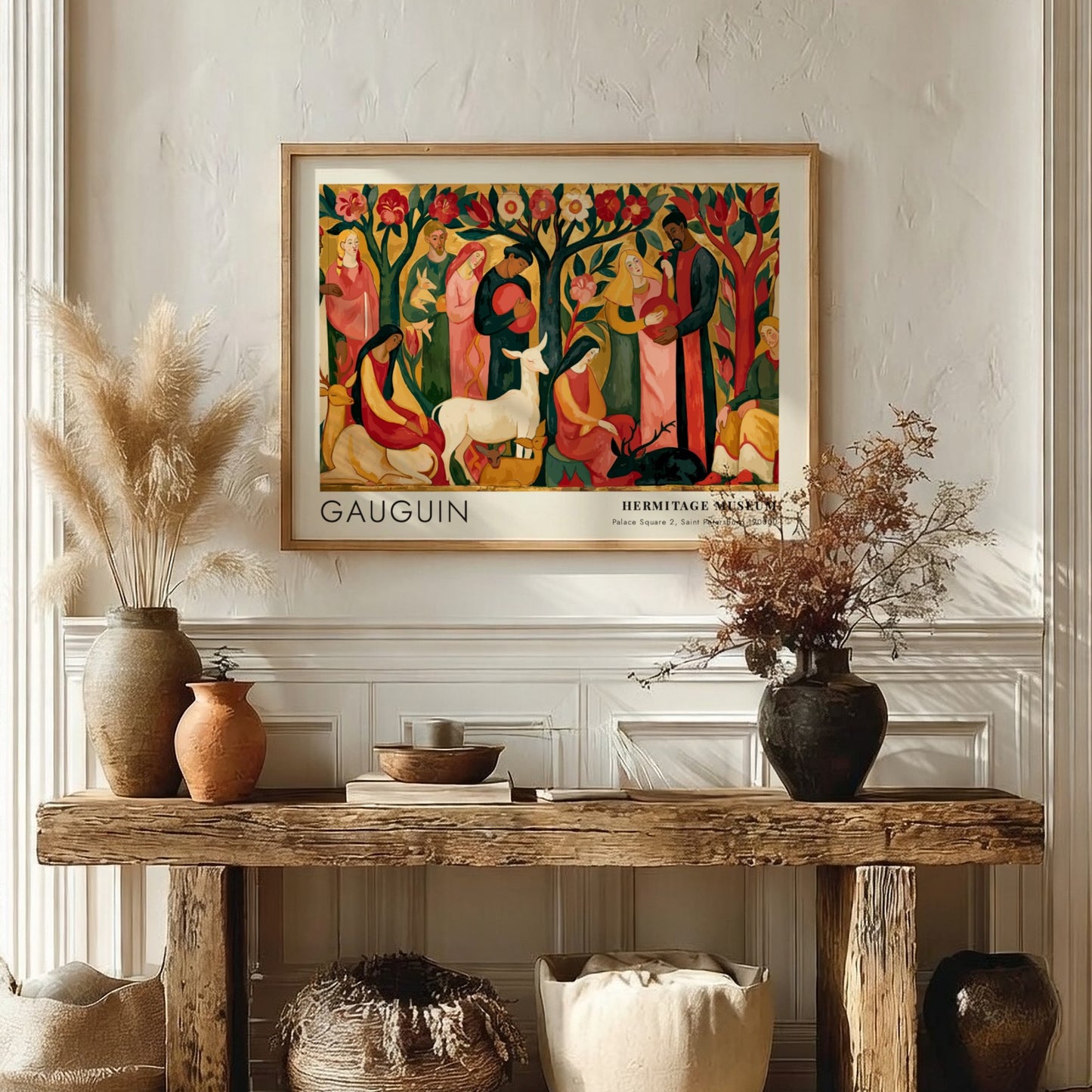 Wall art poster featuring Gauguin Tahitian Pastorals with stylized figures in a forest setting.
