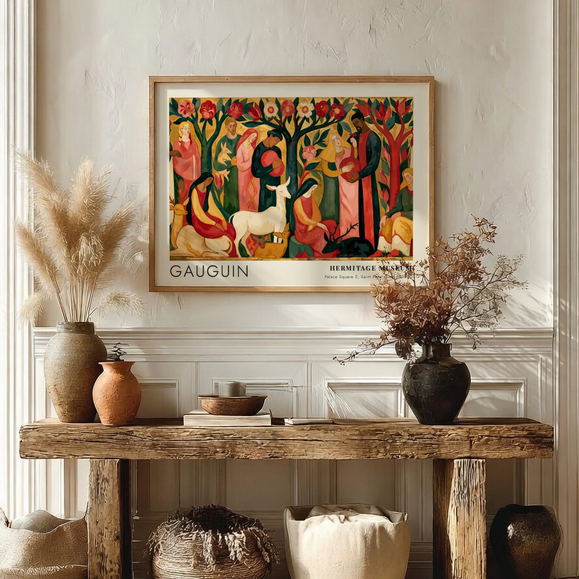 Wall art poster featuring Gauguin Tahitian Pastorals with stylized figures in a forest setting.