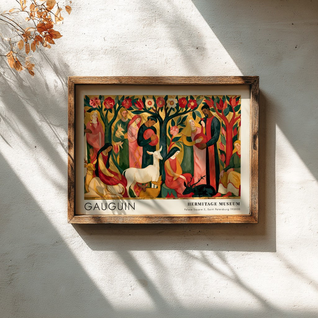 Wall art poster featuring Gauguin Tahitian Pastorals with stylized figures in a forest setting.