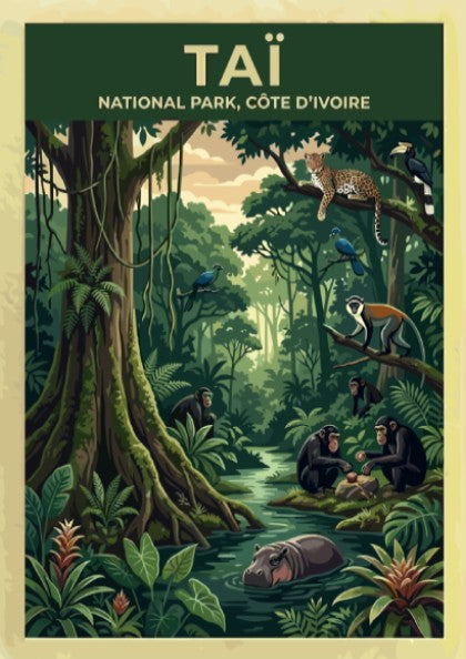 Taï National Park poster featuring jungle wildlife, vibrant greens, and playful monkeys in a lush setting.