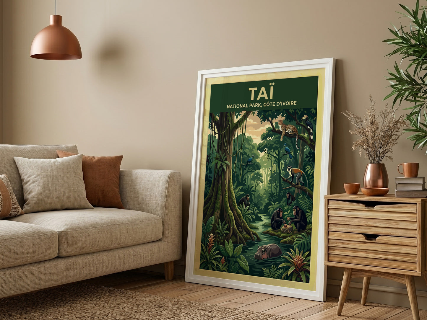 Taï National Park poster featuring jungle wildlife, vibrant greens, and playful monkeys in a lush setting.